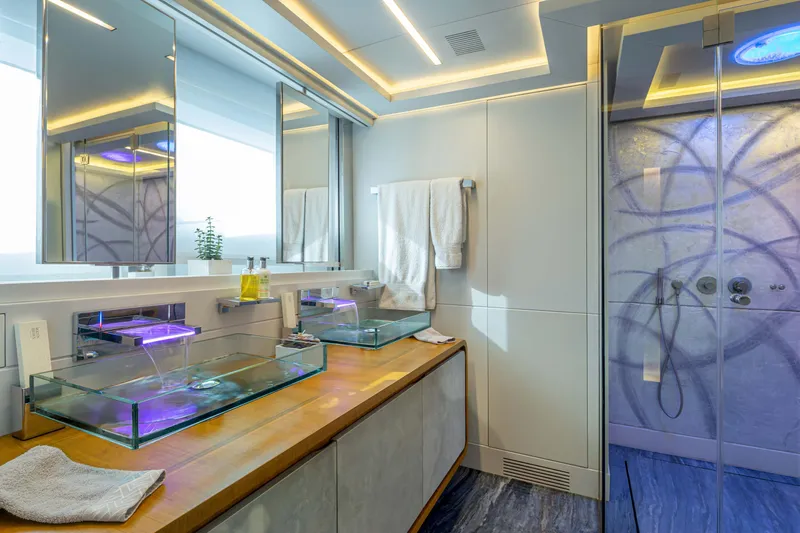 Mondomarine 138' Yacht Photos Pics Luxurious Mondomarine 138 yacht bathroom, featuring modern glass sinks and elegant lighting, 2008 model.