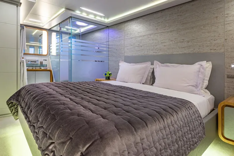 Mondomarine 138' Yacht Photos Pics Luxurious Mondomarine 138 yacht bedroom, 2008 model, featuring modern design and elegant decor.