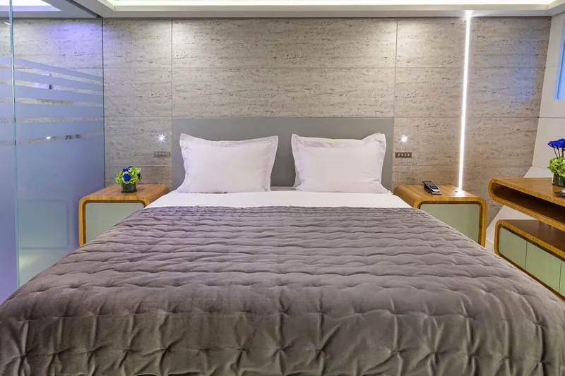 Mondomarine 138' Yacht Photos Pics Luxurious Mondomarine 138 yacht bedroom, 2008 model, featuring modern design and elegant decor.