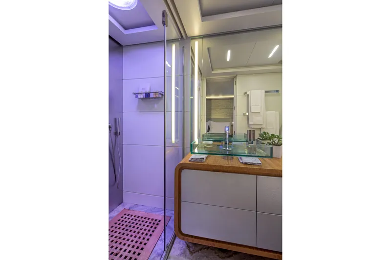 Mondomarine 138' Yacht Photos Pics Luxurious Mondomarine 138 yacht bathroom, featuring modern glass sink and elegant shower, 2008 model.