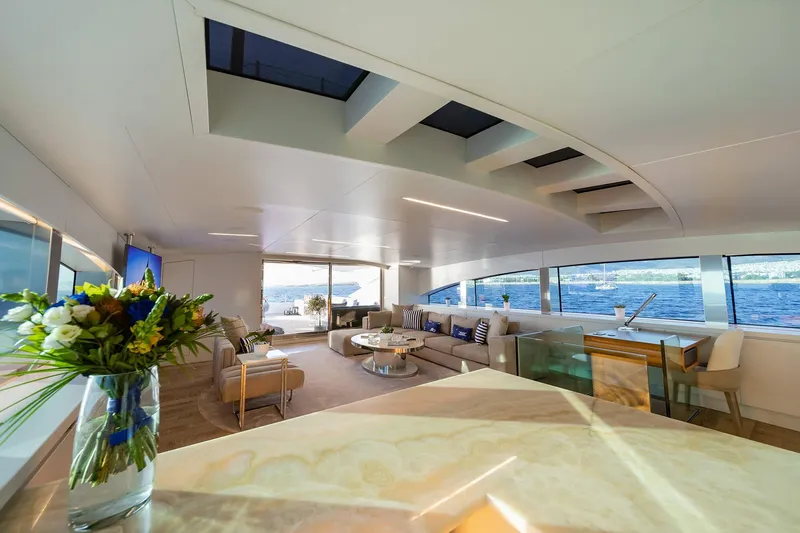 Mondomarine 138' Yacht Photos Pics Luxurious interior of 2008 Mondomarine 138 yacht with elegant seating and ocean views.