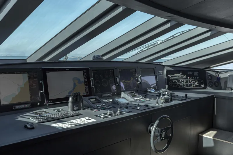 Mondomarine 138' Yacht Photos Pics Cockpit of 2008 Mondomarine 138 yacht with advanced navigation systems and controls.