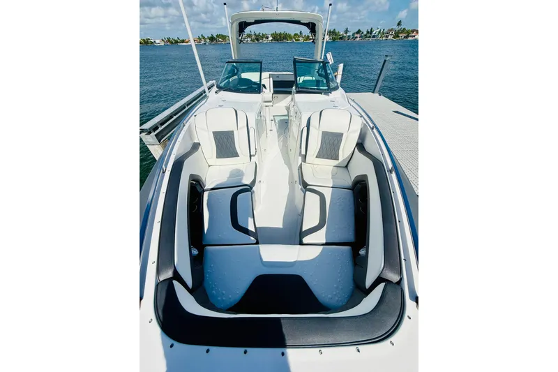  Yacht Photos Pics 2020 Monterey 328SS Super Sport boat interior with luxurious seating and sleek design.