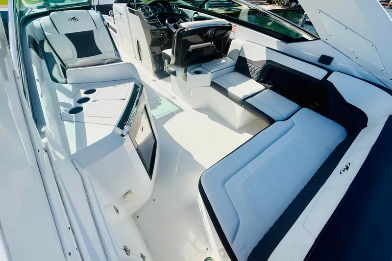  Yacht Photos Pics 2020 Monterey 328SS Super Sport boat interior with luxurious seating and modern design.