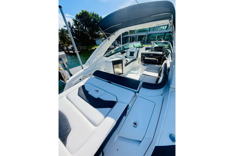  Yacht Photos Pics 2020 Monterey 328SS Super Sport boat interior with luxurious seating and modern design.