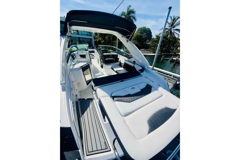 Yacht Photos Pics 2020 Monterey 328SS Super Sport boat with luxurious seating and sleek design.