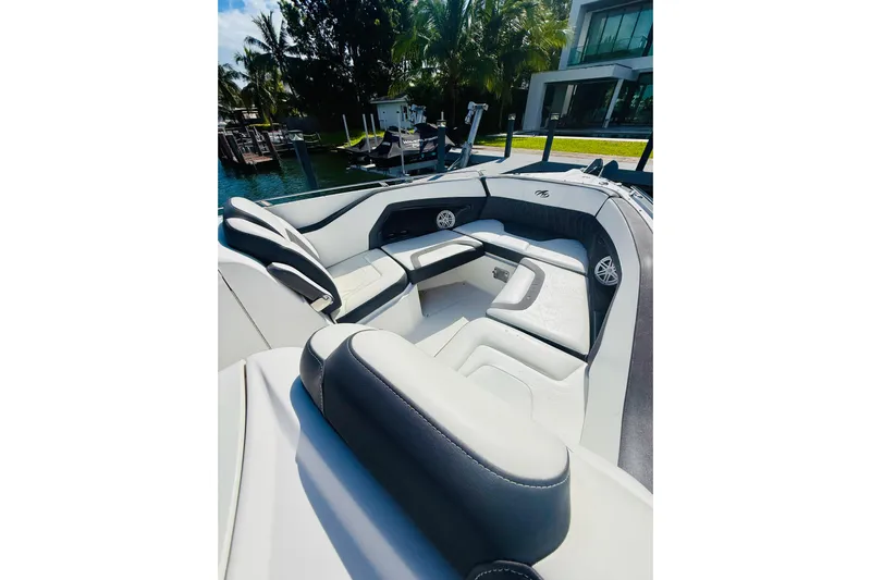  Yacht Photos Pics 2020 Monterey 328SS Super Sport boat interior with luxurious seating and modern design.