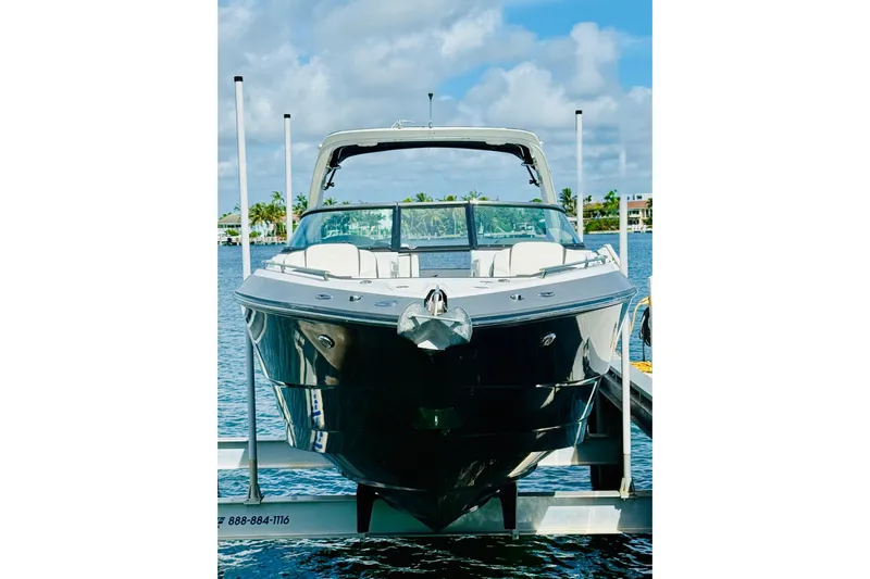  Yacht Photos Pics 2020 Monterey 328SS Super Sport boat docked on a sunny day.