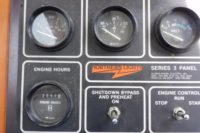 Popeye Yacht Photos Pics Control panel of 1988 Hans Christian 45 Independence Trawler, featuring gauges and switches.