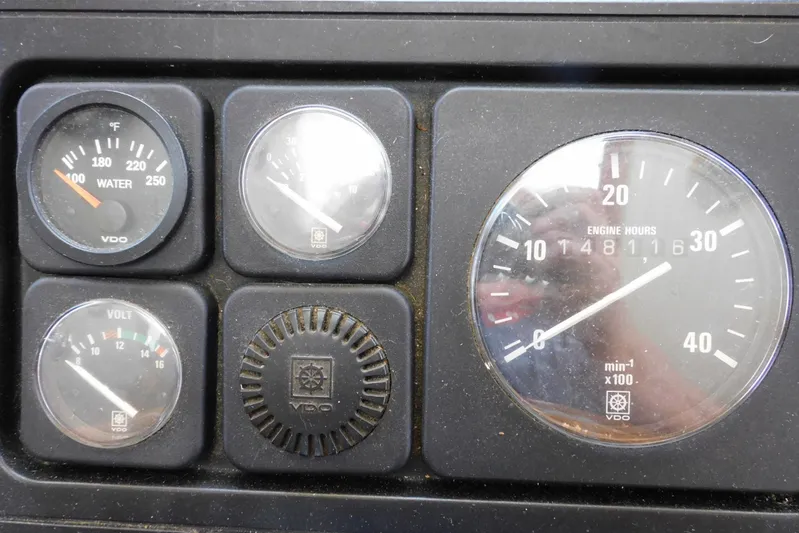 Popeye Yacht Photos Pics Instrument panel of a 1988 Hans Christian 45 Independence Trawler, featuring VDO gauges.