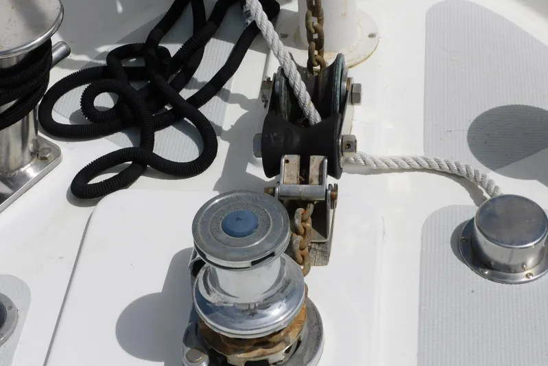 Popeye Yacht Photos Pics Deck equipment on 1988 Hans Christian 45 Independence Trawler, featuring ropes and winches.