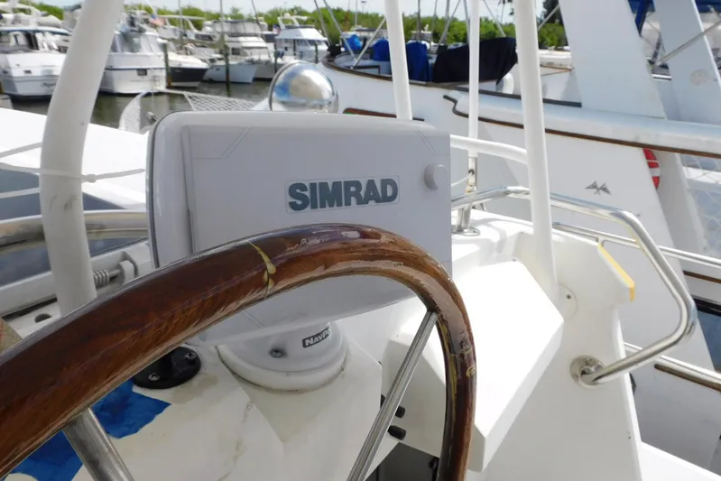 Popeye Yacht Photos Pics 1988 Hans Christian 45 Independence Trawler helm with Simrad navigation system.