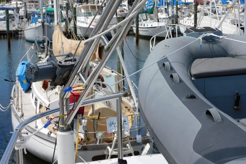 Popeye Yacht Photos Pics 1988 Hans Christian 45 Independence Trawler docked among other boats in a marina.