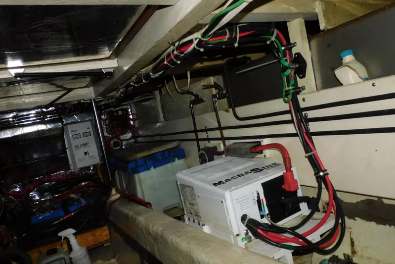 Popeye Yacht Photos Pics Engine room of 1988 Hans Christian 45 Independence Trawler with electrical wiring and equipment.