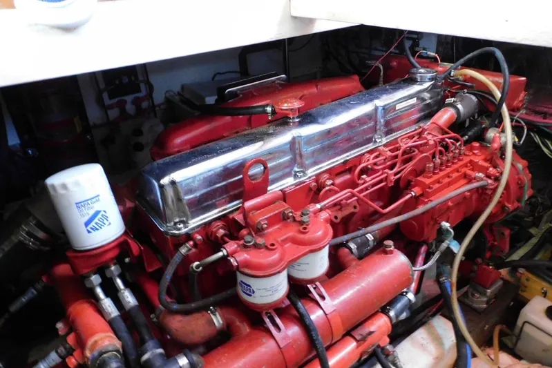 Popeye Yacht Photos Pics Engine of 1988 Hans Christian 45 Independence Trawler, featuring red components and NAPA filters.