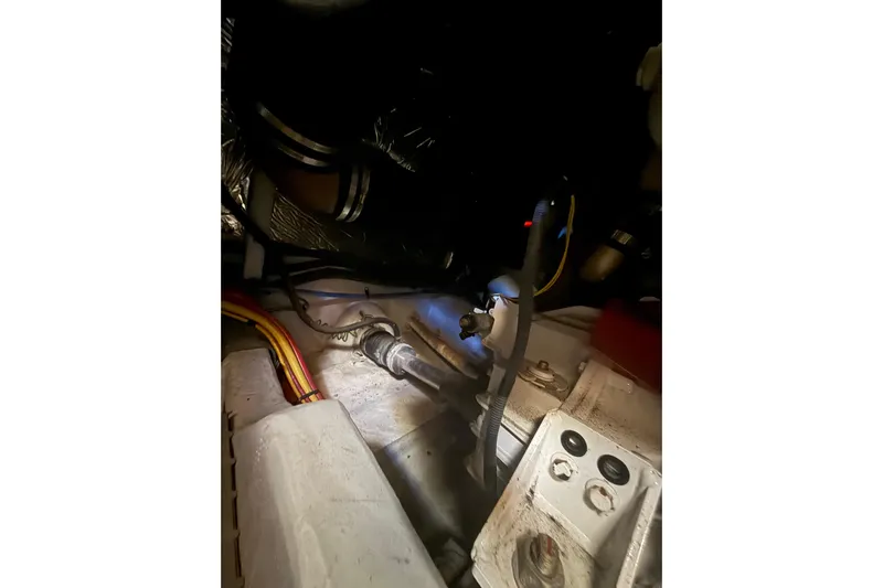 Y-knot Yacht Photos Pics Engine compartment of a 2007 Meridian 459 Motoryacht, showing wiring and components.