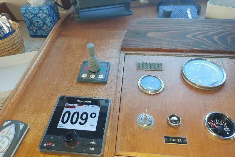 Kallisto Yacht Photos Pics Control panel of a 1982 Kadey-Krogen Krogen 42 Trawler with navigation instruments.