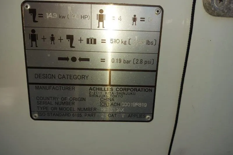 Kallisto Yacht Photos Pics Metallic information plate on a 1982 Kadey-Krogen Krogen 42 Trawler, detailing specifications and manufacturer.