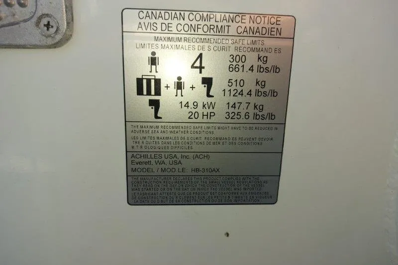 Kallisto Yacht Photos Pics Canadian compliance notice on 1982 Kadey-Krogen Krogen 42 Trawler, detailing weight and capacity limits.