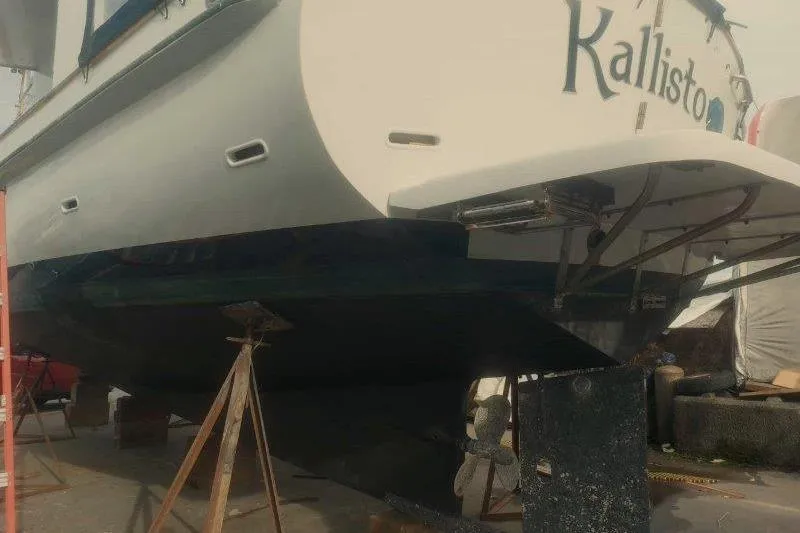 Kallisto Yacht Photos Pics 1982 Kadey-Krogen Pilothouse boat on stands, undergoing maintenance.