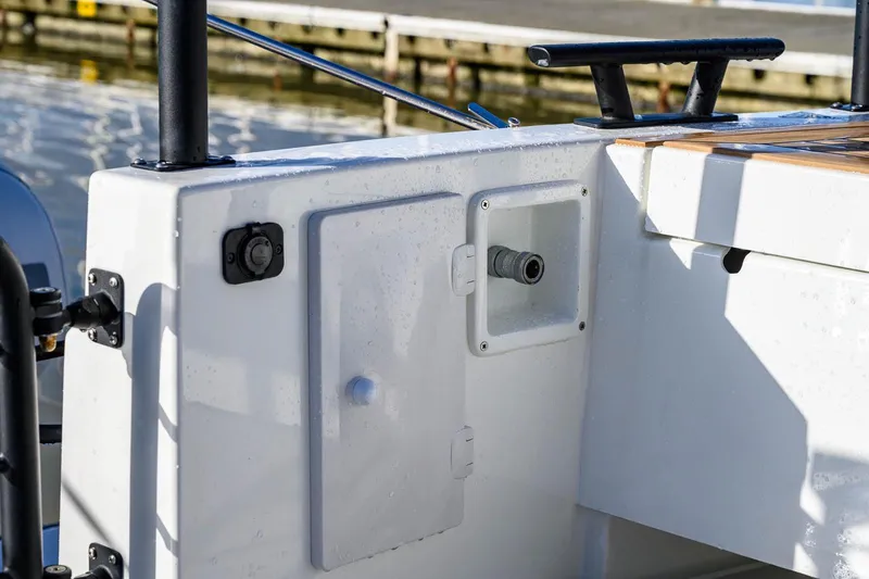  Yacht Photos Pics 2023 Targa 27.2 boat deck detail with water connection and cleat.