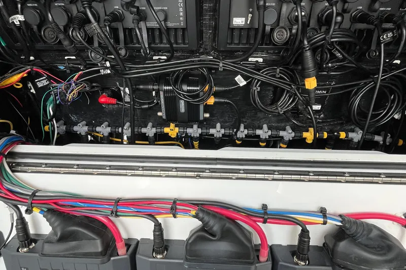 Lunasea Yacht Photos Pics Electrical wiring and components inside a 2023 Yellowfin 32 Offshore boat.