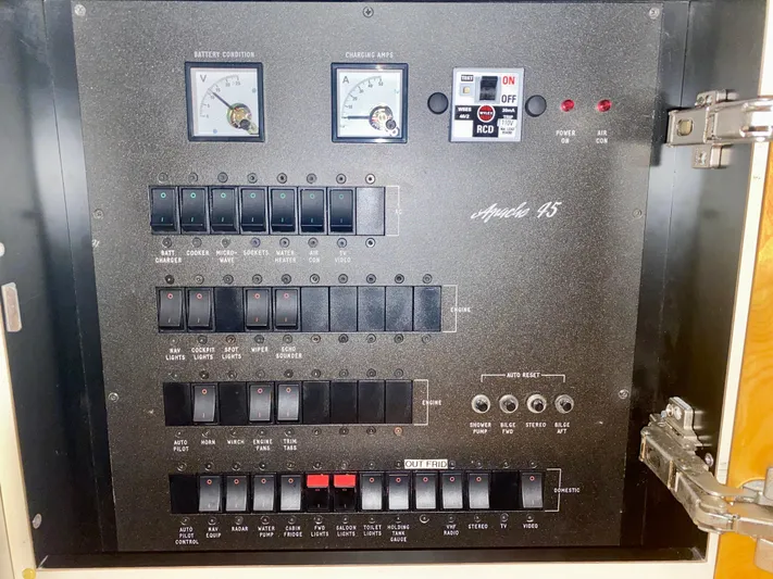 Tude Yacht Photos Pics Electrical control panel of a 1995 Sunseeker Apache 45 boat.