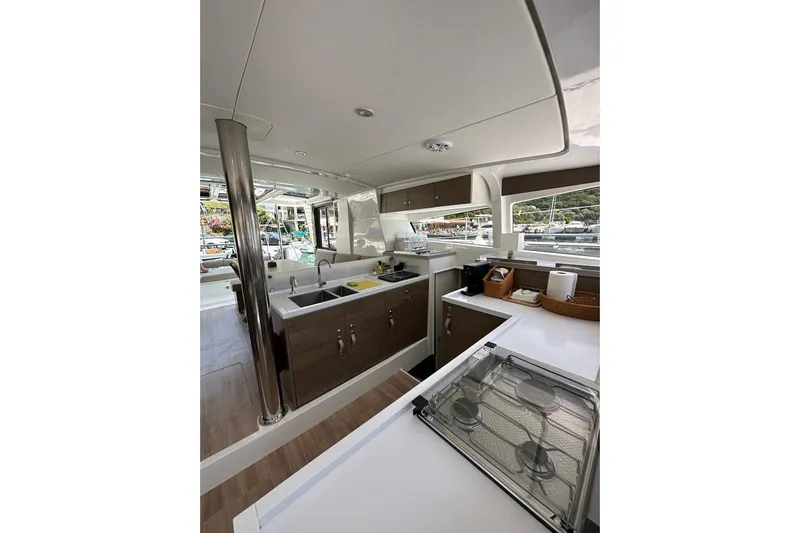  Yacht Photos Pics Modern kitchen interior on 2023 Bali 4.2 yacht, featuring sleek design and ample counter space.