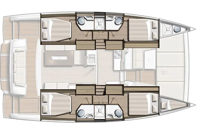  Yacht Photos Pics Floor plan of a 2023 Bali 4.2 catamaran, featuring cabins and living areas.