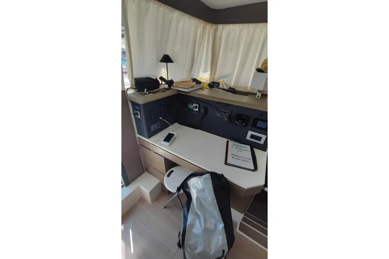  Yacht Photos Pics Interior of 2023 Bali 4.2 yacht with navigation station and equipment.