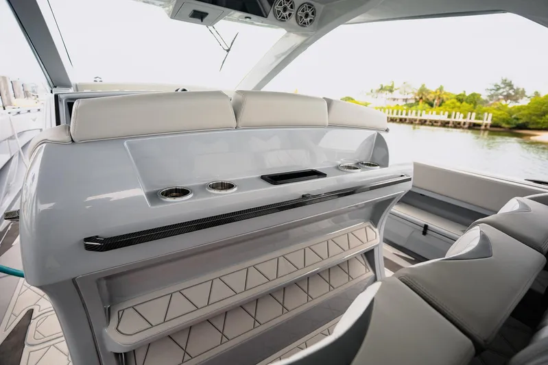  Yacht Photos Pics Luxury interior of 2026 Deep Impact 499 Sport boat with sleek seating and modern design.