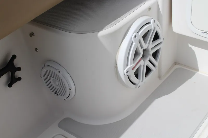 Maripal Yacht Photos Pics 2008 Contender 38 Express boat interior with white speakers and seating area.