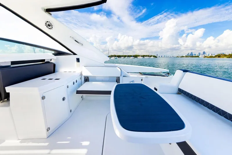  Yacht Photos Pics Luxurious interior of 2017 Monterey 378 Super Express yacht overlooking the water.