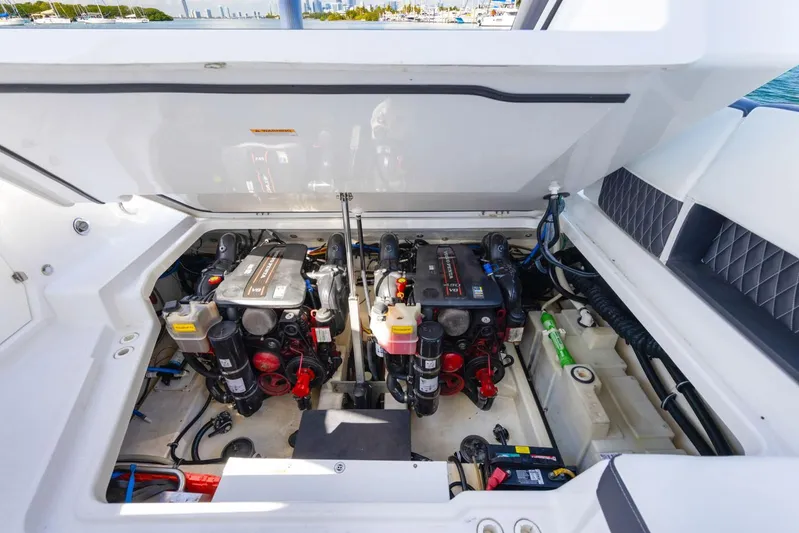 Yacht Photos Pics Engine compartment of 2017 Monterey 378 Super Express with dual engines.
