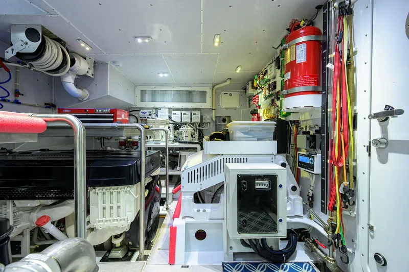 Indigo Yacht Photos Pics Engine room of 2018 Coastal Craft Concord 65 yacht, featuring advanced equipment and safety systems.