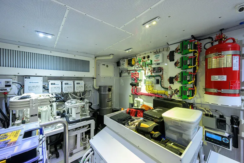 Indigo Yacht Photos Pics Engine room of 2018 Coastal Craft Concord 65 yacht, featuring advanced equipment and safety systems.