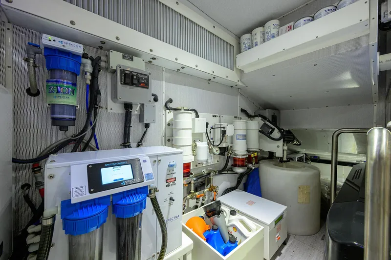 Indigo Yacht Photos Pics Engine room of 2018 Coastal Craft Concord 65 yacht with advanced filtration systems.