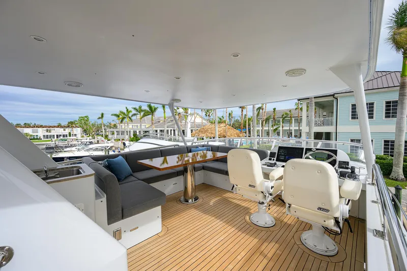 Indigo Yacht Photos Pics Luxurious 2018 Coastal Craft Concord 65 yacht deck with seating and helm station.