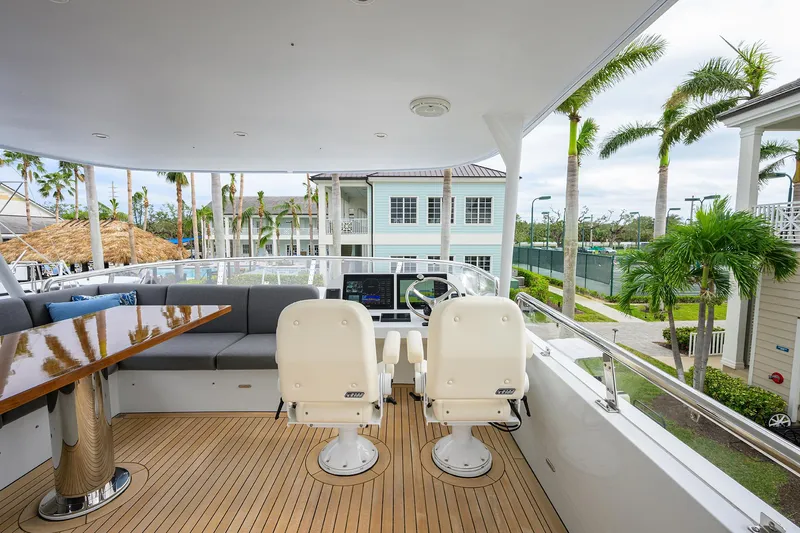 Indigo Yacht Photos Pics Coastal Craft Concord 65 yacht deck with helm, seating, and tropical view, 2018 model.