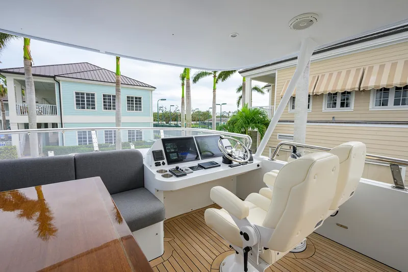 Indigo Yacht Photos Pics Luxury helm of 2018 Coastal Craft Concord 65 yacht with modern controls and seating.