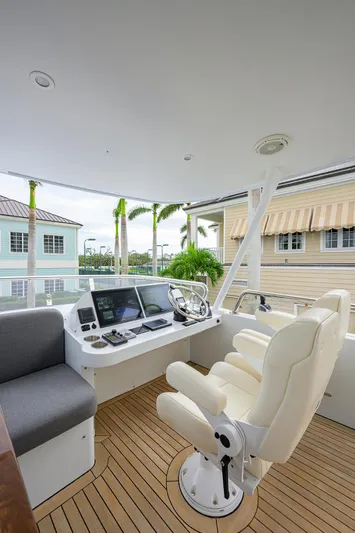 Indigo Yacht Photos Pics 2018 Coastal Craft Concord 65 yacht helm with modern controls and seating.