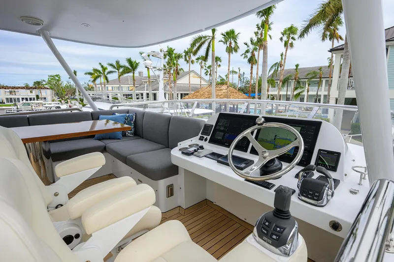 Indigo Yacht Photos Pics Luxurious 2018 Coastal Craft Concord 65 yacht helm with plush seating and advanced navigation.