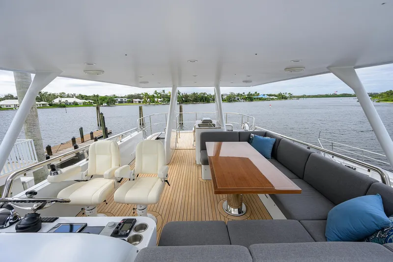 Indigo Yacht Photos Pics Luxurious 2018 Coastal Craft Concord 65 yacht deck with seating and scenic water view.