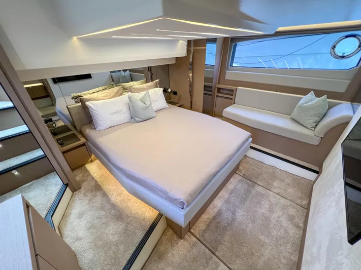  Yacht Photos Pics Luxurious interior of a 2020 Prestige 520S yacht with modern bedroom design.