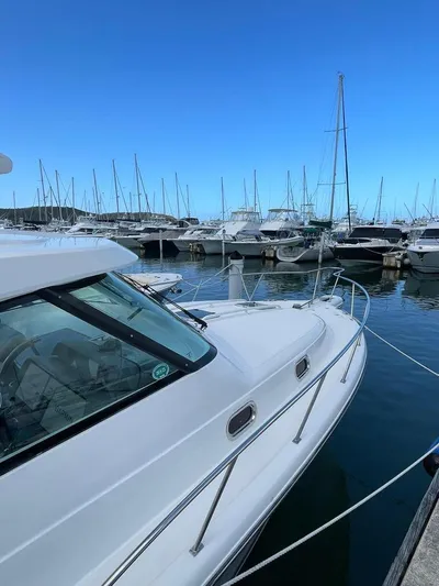 No Name Yacht Photos Pics 2019 Pursuit OS 385 Offshore yacht docked in a marina with sailboats.