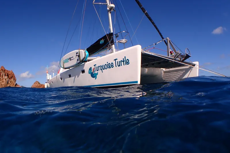 Turquoise Turtle Yacht Photos Pics Catamaran "Turquoise Turtle" on ocean, Voyage 500 model, 2001, under clear blue sky.