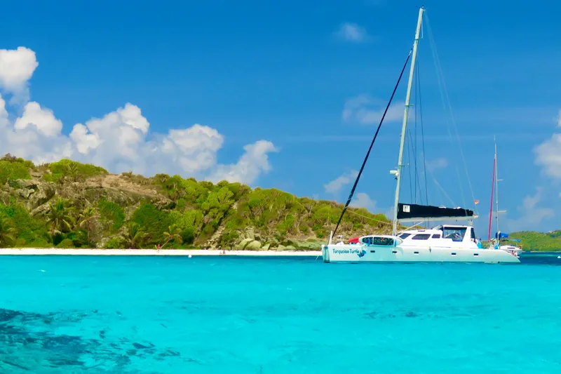 Turquoise Turtle Yacht Photos Pics Sailboat Voyage 500 (2001) anchored in turquoise waters near a lush tropical island.