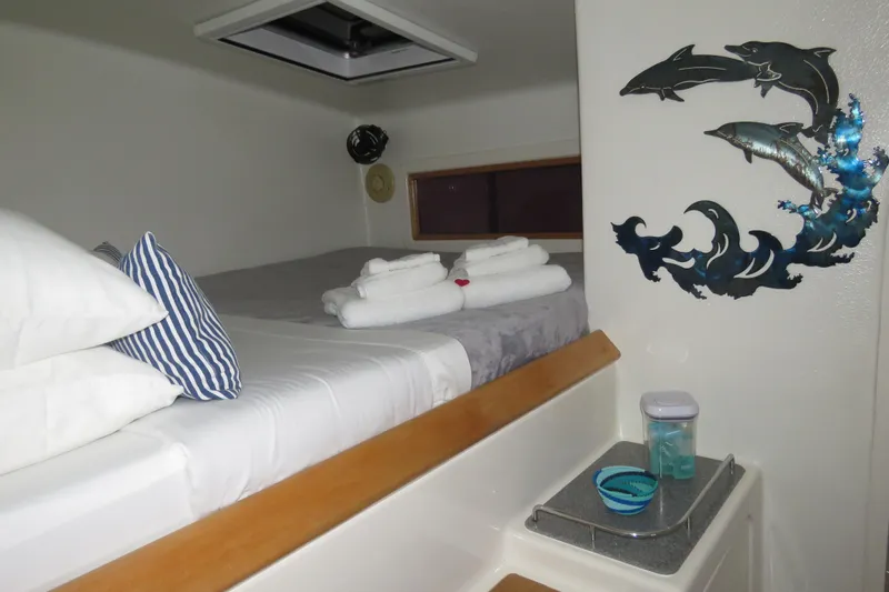 Turquoise Turtle Yacht Photos Pics Cozy cabin interior of 2001 Voyage 500 yacht with dolphin wall art and neatly arranged linens.