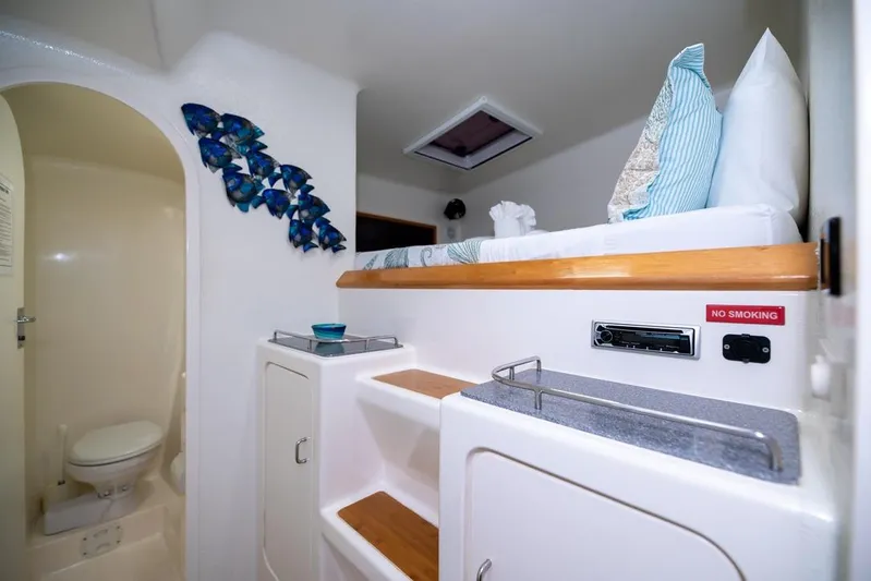 Turquoise Turtle Yacht Photos Pics Cozy cabin interior of 2001 Voyage 500 yacht with bed, bathroom, and decor.