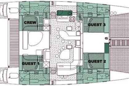 Turquoise Turtle Yacht Photos Pics Floor plan of a 2001 Voyage 500 yacht, featuring crew and guest cabins.